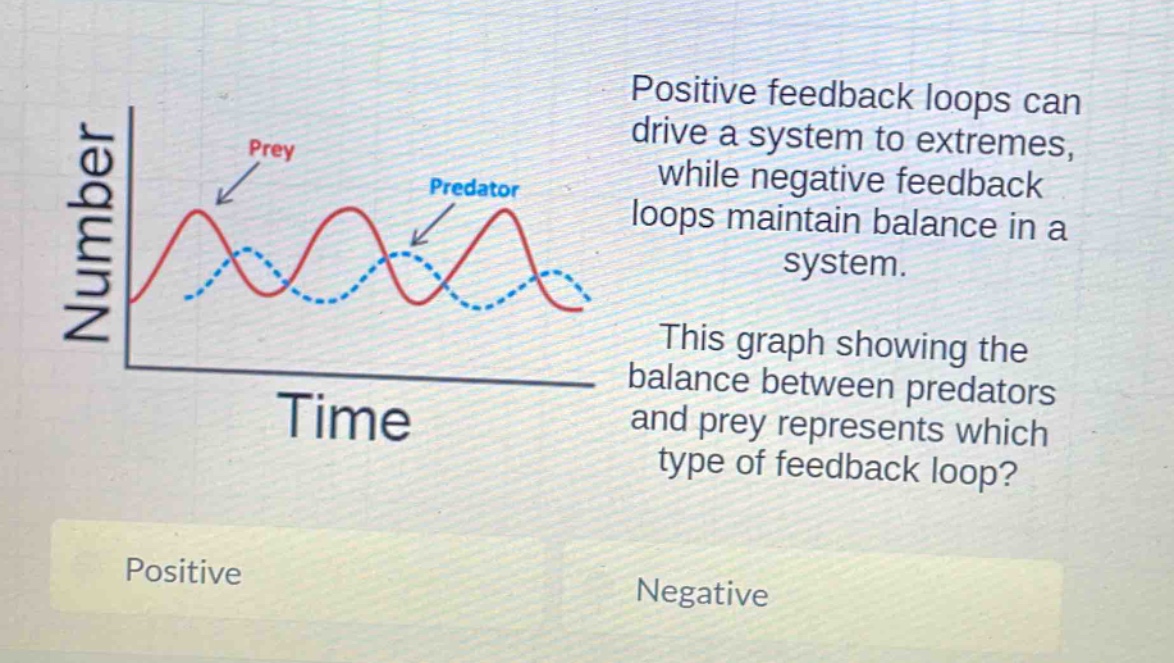 positive feedback loops can drive a system to extremes, while negative feedback loops maintain balance in a system. this graph showing the balance between predators and prey represents which type of feedback loop? positive negative