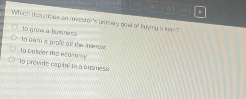 which describes an investors primary goal of buying a loan? to grow a business to earn a profit off the interest to bolster the economy to provide capital to a business