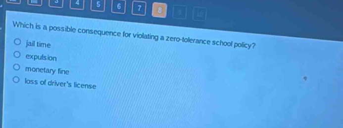 which is a possible consequence for violating a zero - tolerance school policy?\no jail time\no expulsion\no monetary fine\no loss of drivers license