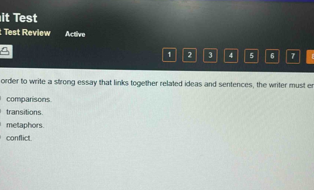 in order to write a strong essay that links together related ideas and sentences, the writer must er comparisons. transitions. metaphors. conflict.