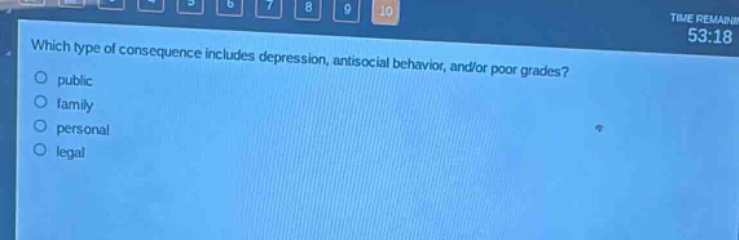 which type of consequence includes depression, antisocial behavior, and/or poor grades?\npublic\nfamily\npersonal\nlegal