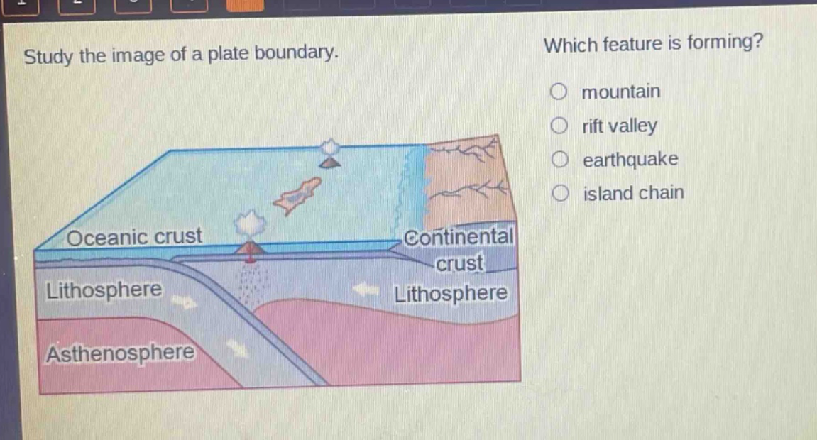 study the image of a plate boundary. which feature is forming? mountain rift valley earthquake island chain oceanic crust continental crust lithosphere lithosphere asthenosphere