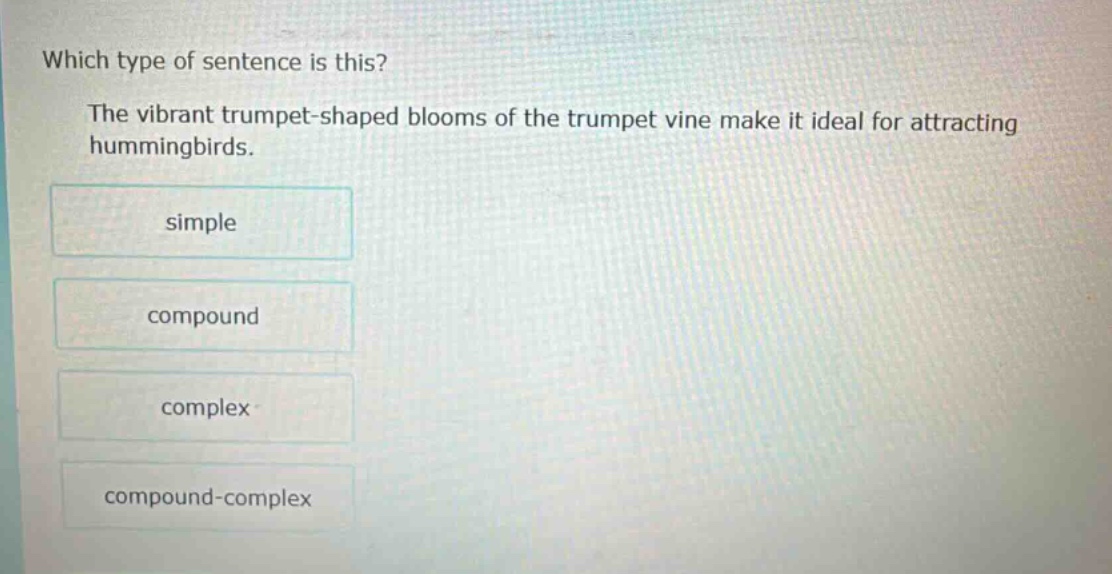 which type of sentence is this? the vibrant trumpet - shaped blooms of the trumpet vine make it ideal for attracting hummingbirds. simple compound complex compound - complex