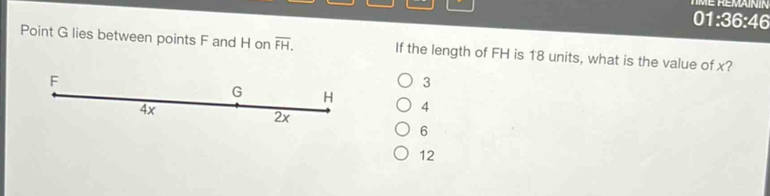 point g lies between points f and h on fh. if the length of fh is 18 units, what is the value of x? 3 4 6 12