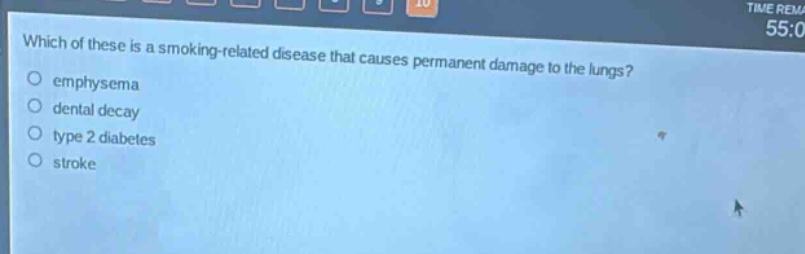 which of these is a smoking - related disease that causes permanent damage to the lungs?\nemphysema\ndental decay\ntype 2 diabetes\nstroke