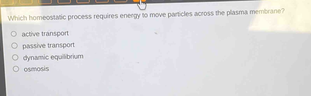 which homeostatic process requires energy to move particles across the plasma membrane?\nactive transport\npassive transport\ndynamic equilibrium\nosmosis