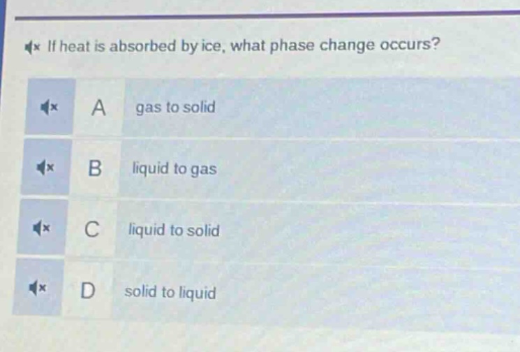 if heat is absorbed by ice, what phase change occurs? a gas to solid b liquid to gas c liquid to solid d solid to liquid