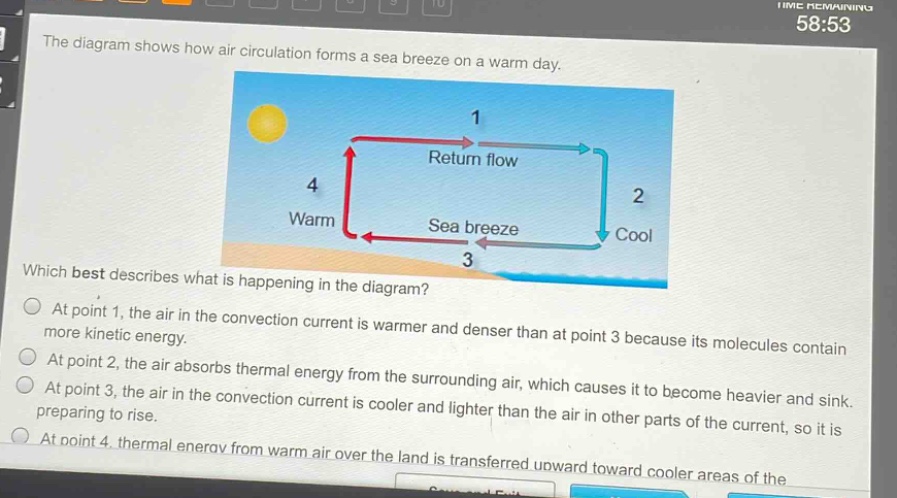 the diagram shows how air circulation forms a sea breeze on a warm day. which best describes what is happening in the diagram? at point 1, the air in the convection current is warmer and denser than at point 3 because its molecules contain more kinetic energy. at point 2, the air absorbs thermal energy from the surrounding air, which causes it to become heavier and sink. at point 3, the air in the convection current is cooler and lighter than the air in other parts of the current, so it is preparing to rise. at point 4, thermal energy from warm air over the land is transferred upward toward cooler areas of the