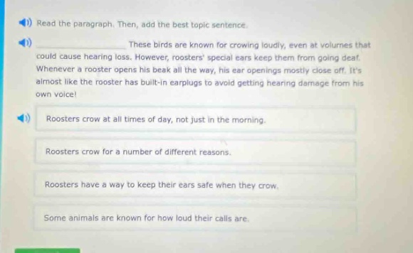 read the paragraph. then, add the best topic sentence. these birds are known for crowing loudly, even at volumes that could cause hearing loss. however, roosters special ears keep them from going deaf. whenever a rooster opens his beak all the way, his ear openings mostly close off. its almost like the rooster has built - in earplugs to avoid getting hearing damage from his own voice! roosters crow at all times of day, not just in the morning. roosters crow for a number of different reasons. roosters have a way to keep their ears safe when they crow. some animals are known for how loud their calls are.