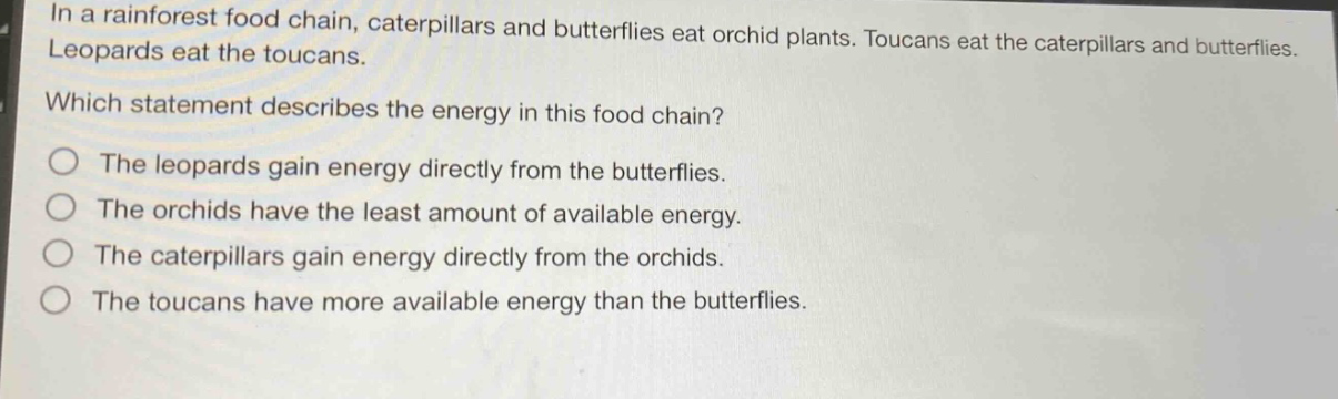 in a rainforest food chain, caterpillars and butterflies eat orchid plants. toucans eat the caterpillars and butterflies. leopards eat the toucans. which statement describes the energy in this food chain? the leopards gain energy directly from the butterflies. the orchids have the least amount of available energy. the caterpillars gain energy directly from the orchids. the toucans have more available energy than the butterflies.