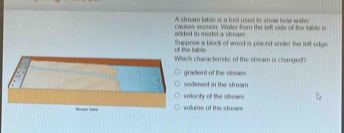 a stream table is a tool used to show how water causes erosion. water from the left side of the table is added to model a stream. suppose a block of wood is placed under the left edge of the table. which characteristic of the stream is changed? gradient of the stream sediment in the stream velocity of the stream volume of the stream