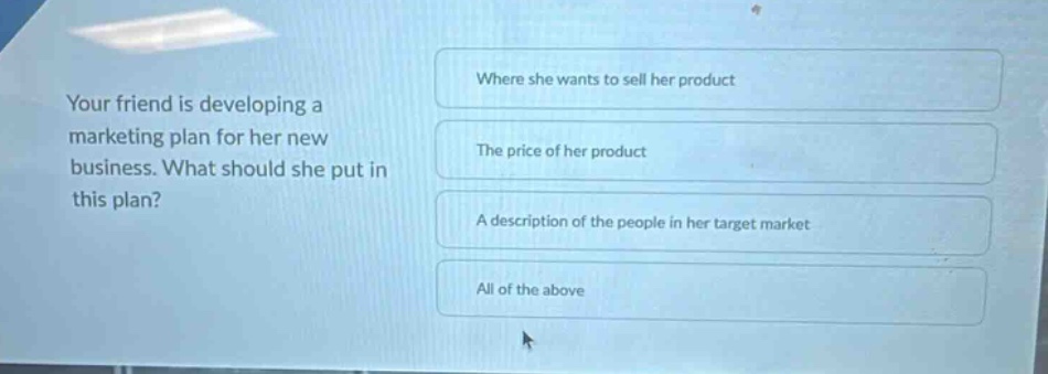 your friend is developing a marketing plan for her new business. what should she put in this plan? where she wants to sell her product the price of her product a description of the people in her target market all of the above