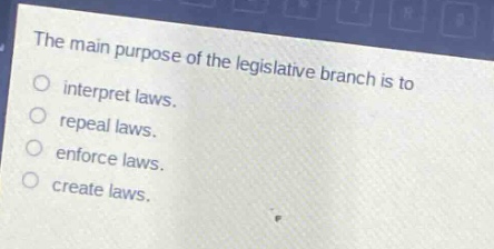 the main purpose of the legislative branch is to\ninterpret laws.\nrepeal laws.\nenforce laws.\ncreate laws.