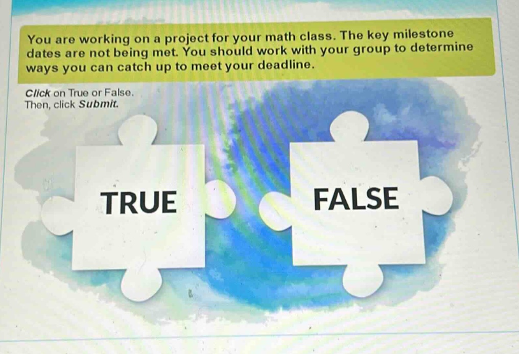 you are working on a project for your math class. the key milestone dates are not being met. you should work with your group to determine ways you can catch up to meet your deadline. click on true or false. then, click submit.