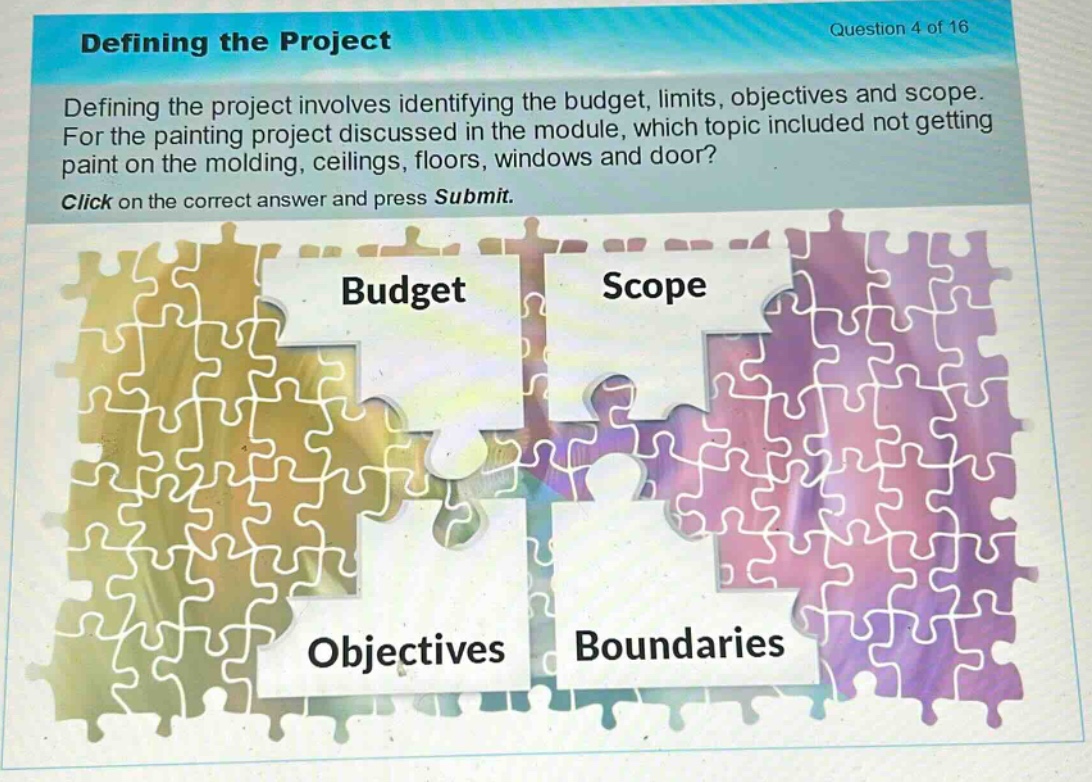 defining the project\nquestion 4 of 16\ndefining the project involves identifying the budget, limits, objectives and scope. for the painting project discussed in the module, which topic included not getting paint on the molding, ceilings, floors, windows and door?\nclick on the correct answer and press submit.\nbudget\nscope\nobjectives\nboundaries