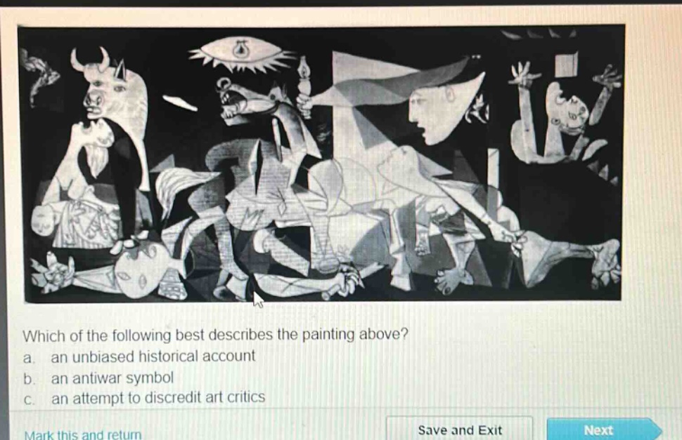 which of the following best describes the painting above? a. an unbiased historical account b. an antiwar symbol c. an attempt to discredit art critics