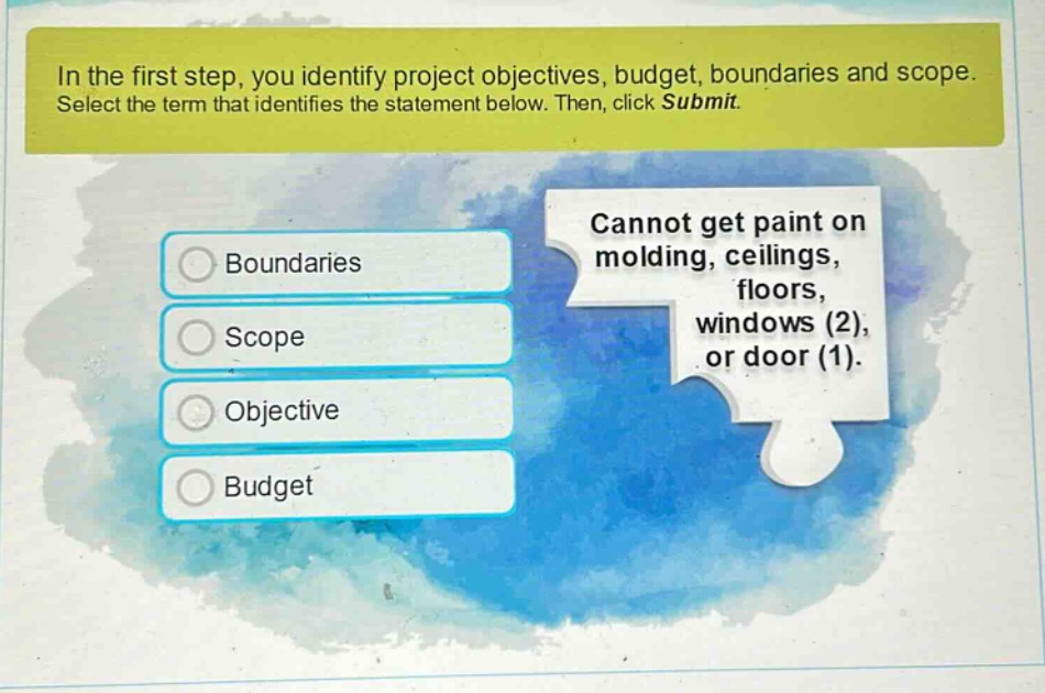 in the first step, you identify project objectives, budget, boundaries and scope. select the term that identifies the statement below. then, click submit. cannot get paint on molding, ceilings, floors, windows (2), or door (1). boundaries scope objective budget