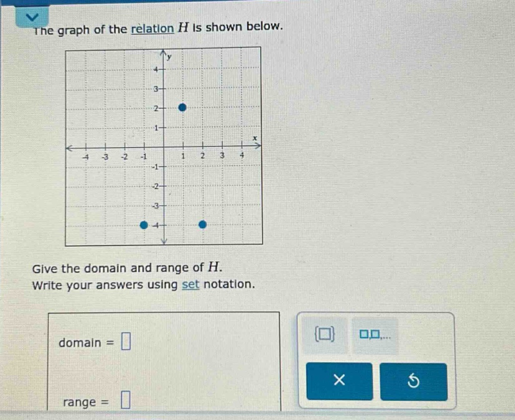 the graph of the relation h is shown below. give the domain and range of h. write your answers using set notation. domain = range =