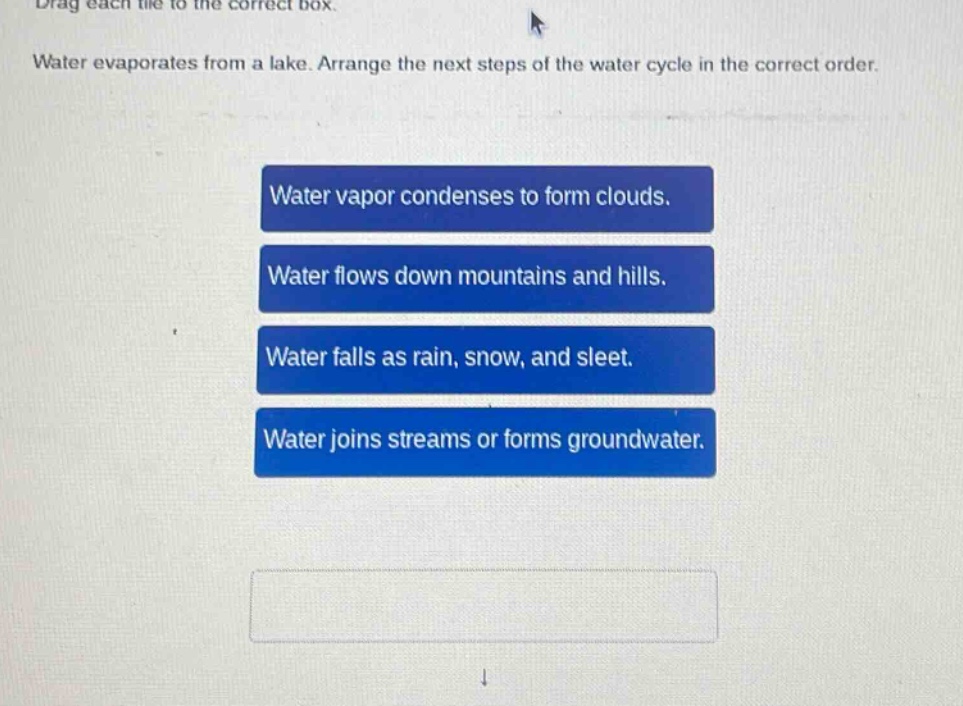 drag each tile to the correct box. water evaporates from a lake. arrange the next steps of the water cycle in the correct order. water vapor condenses to form clouds. water flows down mountains and hills. water falls as rain, snow, and sleet. water joins streams or forms groundwater.