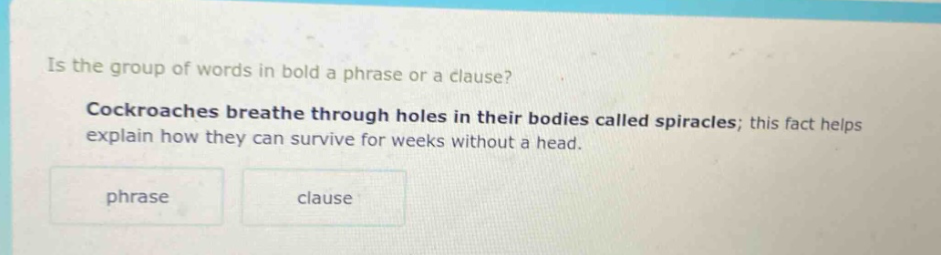 is the group of words in bold a phrase or a clause? cockroaches breathe through holes in their bodies called spiracles; this fact helps explain how they can survive for weeks without a head. phrase clause