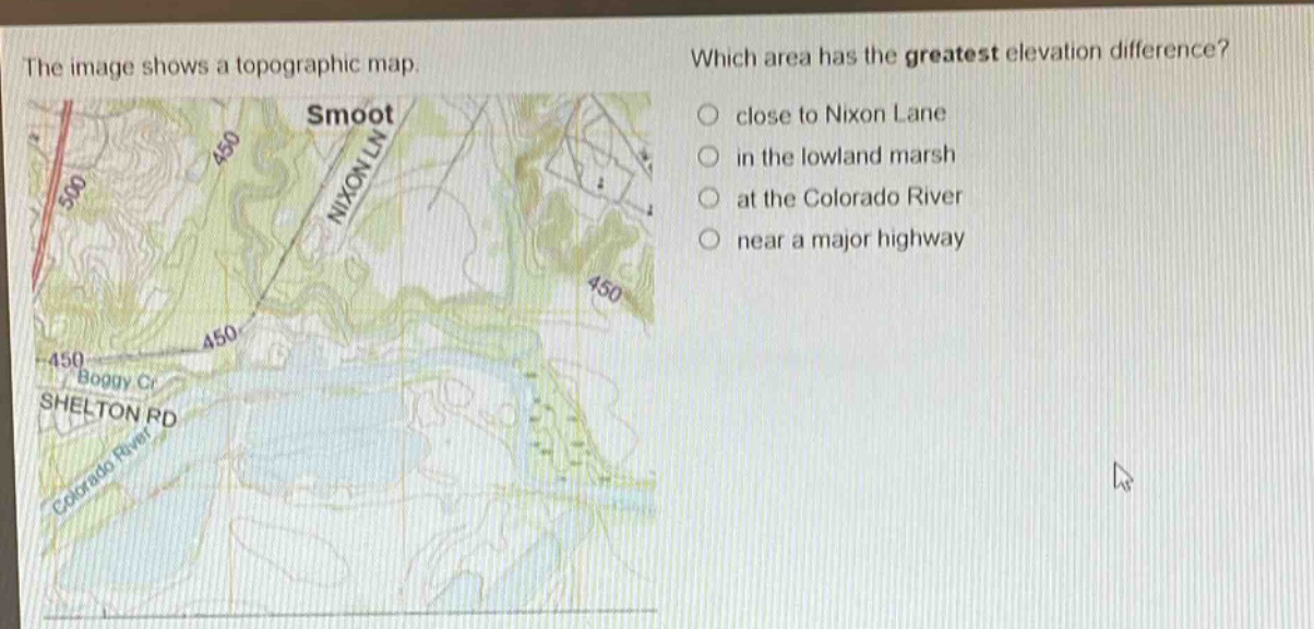 the image shows a topographic map. which area has the greatest elevation difference? close to nixon lane in the lowland marsh at the colorado river near a major highway