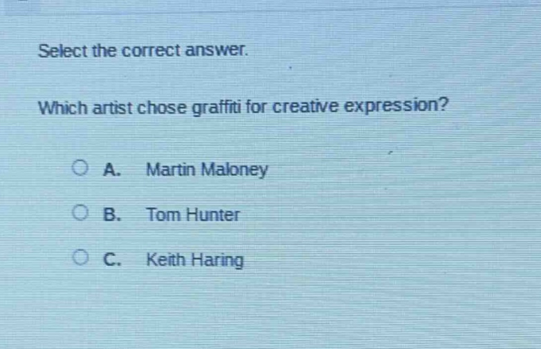 select the correct answer. which artist chose graffiti for creative expression? a. martin maloney b. tom hunter c. keith haring