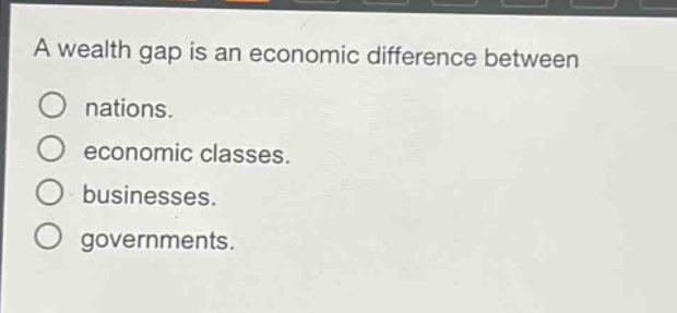 a wealth gap is an economic difference between nations. economic classes. businesses. governments.