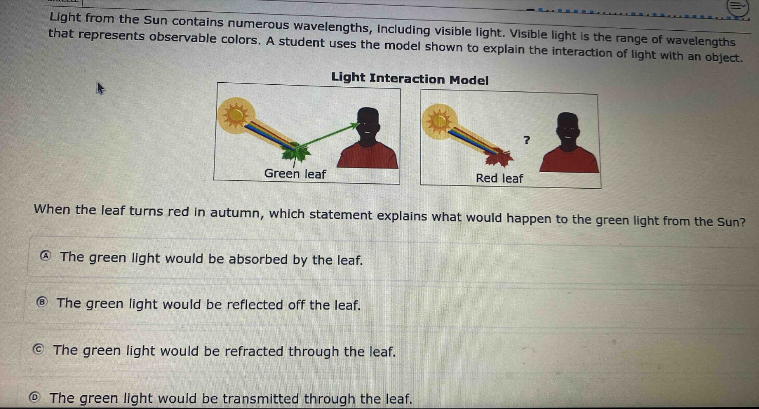 light from the sun contains numerous wavelengths, including visible light. visible light is the range of wavelengths that represents observable colors. a student uses the model shown to explain the interaction of light with an object. light interaction model when the leaf turns red in autumn, which statement explains what would happen to the green light from the sun? a the green light would be absorbed by the leaf. b the green light would be reflected off the leaf. c the green light would be refracted through the leaf. d the green light would be transmitted through the leaf.