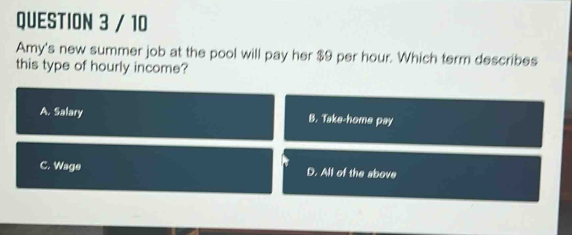 question 3 / 10 amys new summer job at the pool will pay her $9 per hour. which term describes this type of hourly income? a. salary b. take - home pay c. wage d. all of the above