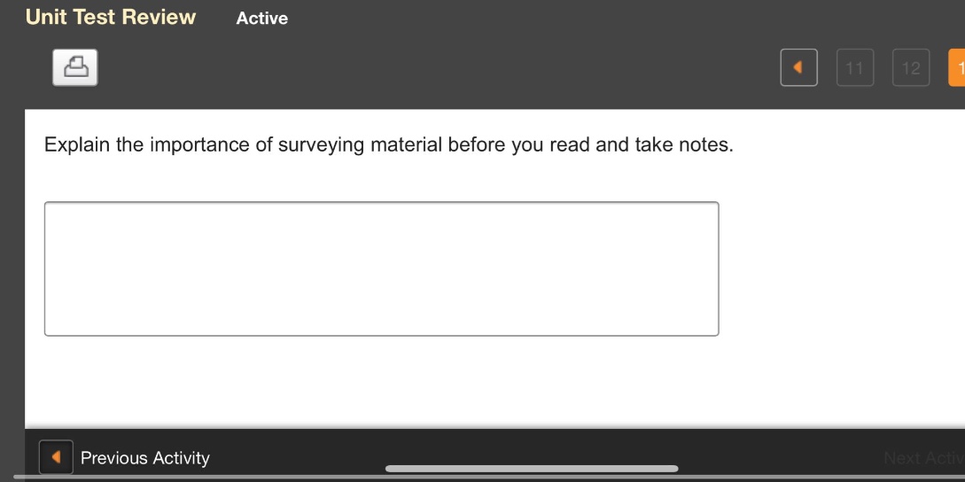explain the importance of surveying material before you read and take notes.