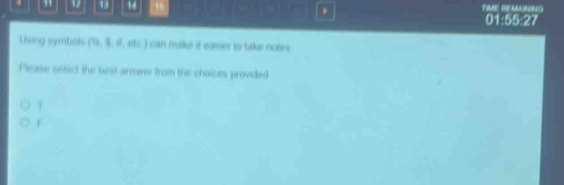 using symbols (%, $, #, etc.) can make it easier to take notes. please select the best answer from the choices provided. o t o f