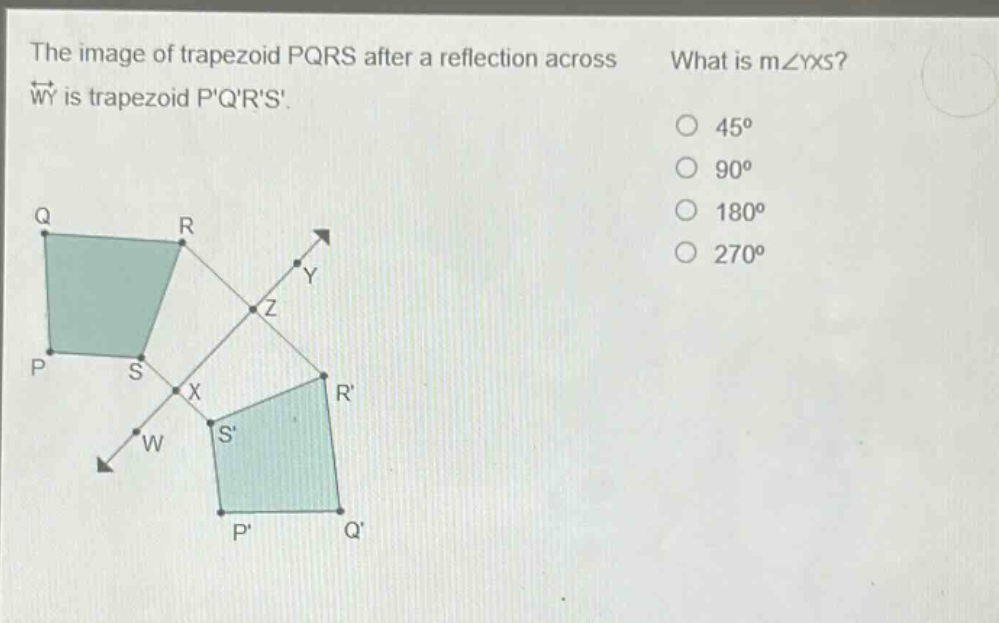 the image of trapezoid pqrs after a reflection across wy is trapezoid pqrs. what is m∠yxs? 45° 90° 180° 270°