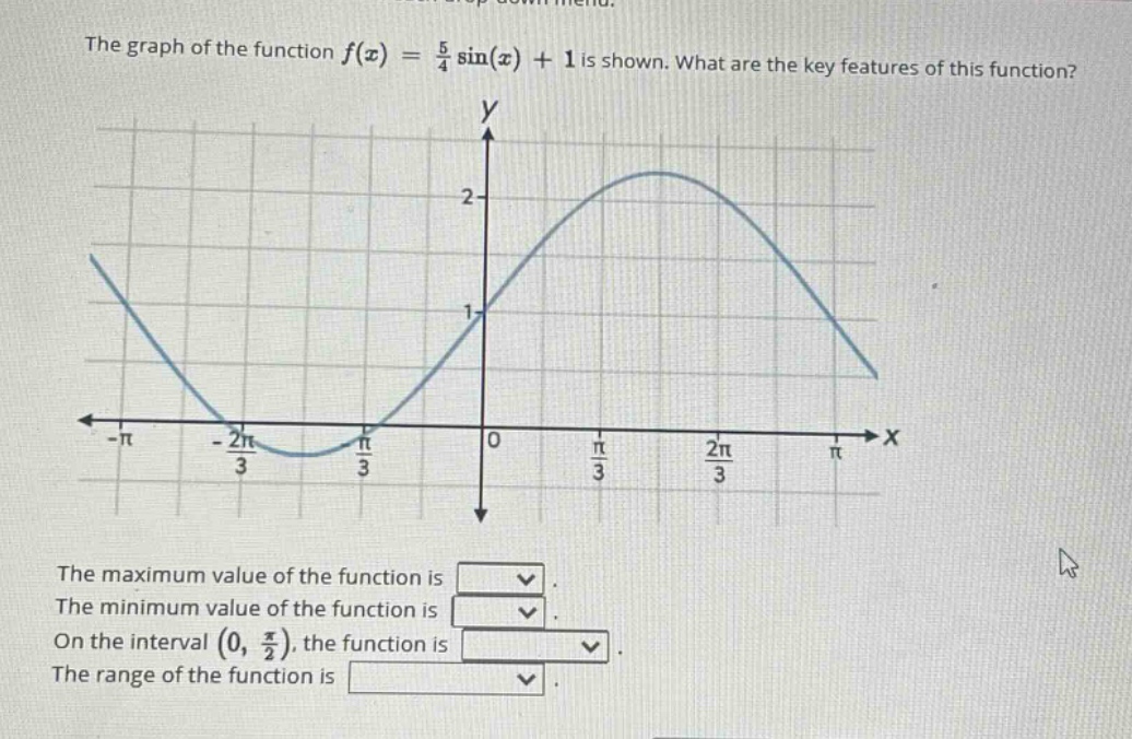 the graph of the function f(x) = 5/4 sin(x) + 1 is shown. what are the key features of this function? the maximum value of the function is. the minimum value of the function is. on the interval (0, π/2), the function is. the range of the function is.