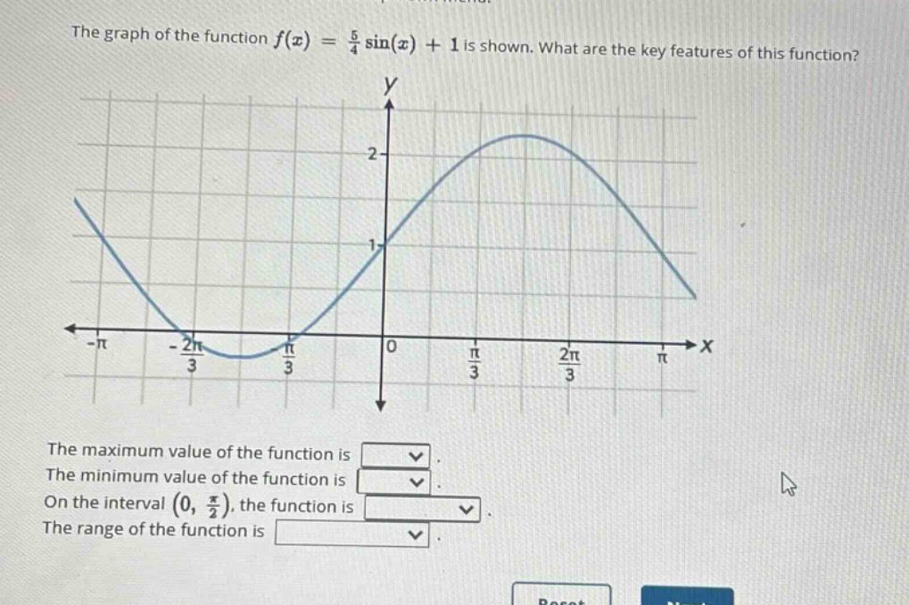 the graph of the function f(x) = 5/4 sin(x) + 1 is shown. what are the key features of this function? the maximum value of the function is the minimum value of the function is on the interval (0, π/2), the function is the range of the function is