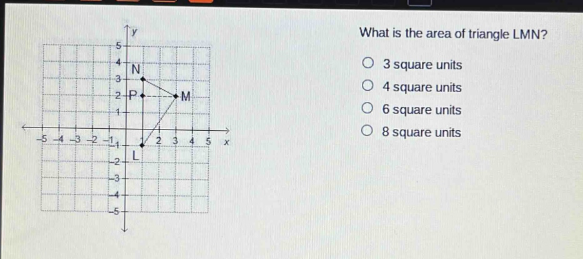 what is the area of triangle lmn? 3 square units 4 square units 6 square units 8 square units