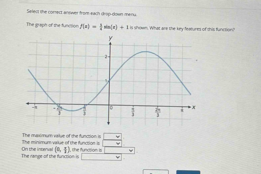 select the correct answer from each drop - down menu. the graph of the function f(x) = 5/4 sin(x)+1 is shown. what are the key features of this function? the maximum value of the function is. the minimum value of the function is. on the interval (0, π/2), the function is. the range of the function is.
