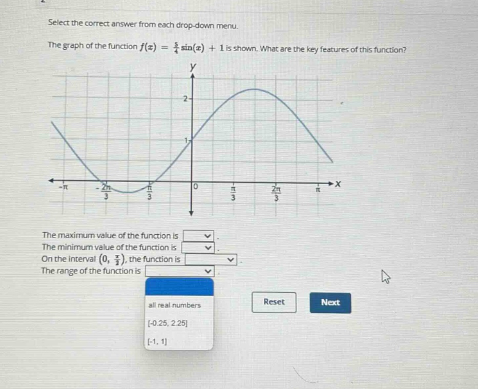select the correct answer from each drop - down menu. the graph of the function f(x) = 3/4 sin(x)+1 is shown. what are the key features of this function? the maximum value of the function is. the minimum value of the function is. on the interval (0, π/2), the function is. the range of the function is. all real numbers -0.25, 2.25 -1, 1 reset next