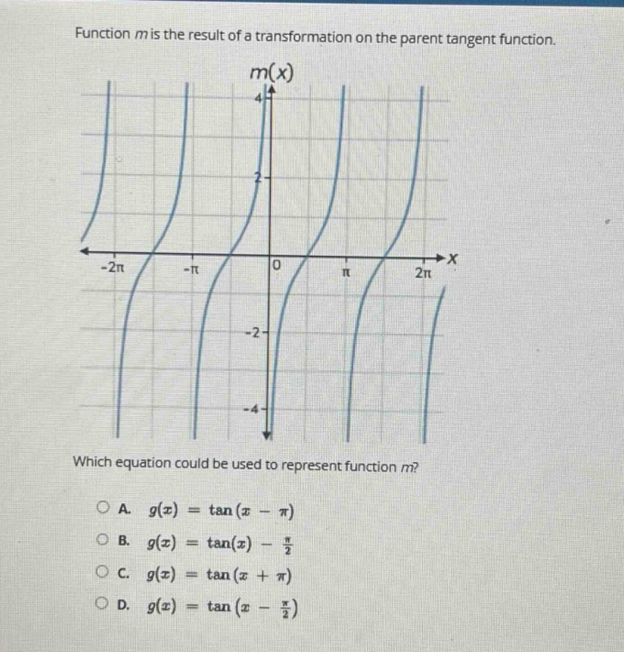 function m is the result of a transformation on the parent tangent function. which equation could be used to represent function m? a. g(x)=tan(x - π) b. g(x)=tan(x)-π/2 c. g(x)=tan(x + π) d. g(x)=tan(x - π/2)