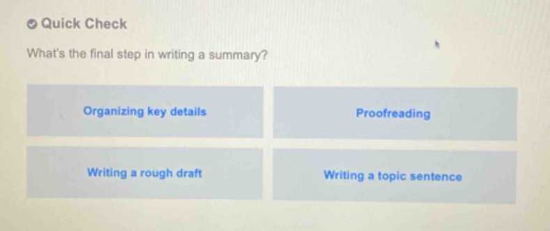 quick check whats the final step in writing a summary? organizing key details proofreading writing a rough draft writing a topic sentence