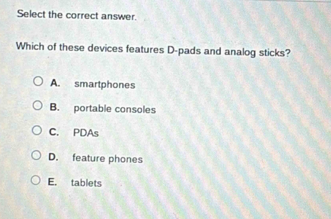 select the correct answer. which of these devices features d - pads and analog sticks? a. smartphones b. portable consoles c. pdas d. feature phones e. tablets