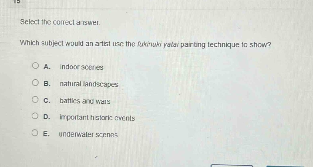 select the correct answer. which subject would an artist use the fukinuki yatai painting technique to show? a. indoor scenes b. natural landscapes c. battles and wars d. important historic events e. underwater scenes