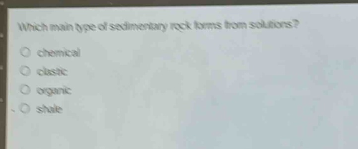 which main type of sedimentary rock forms from solutions? o chemical o clastic o organic o shale