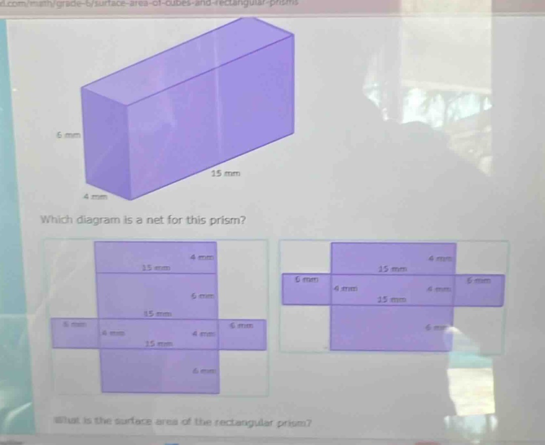which diagram is a net for this prism? what is the surface area of the rectangular prism?