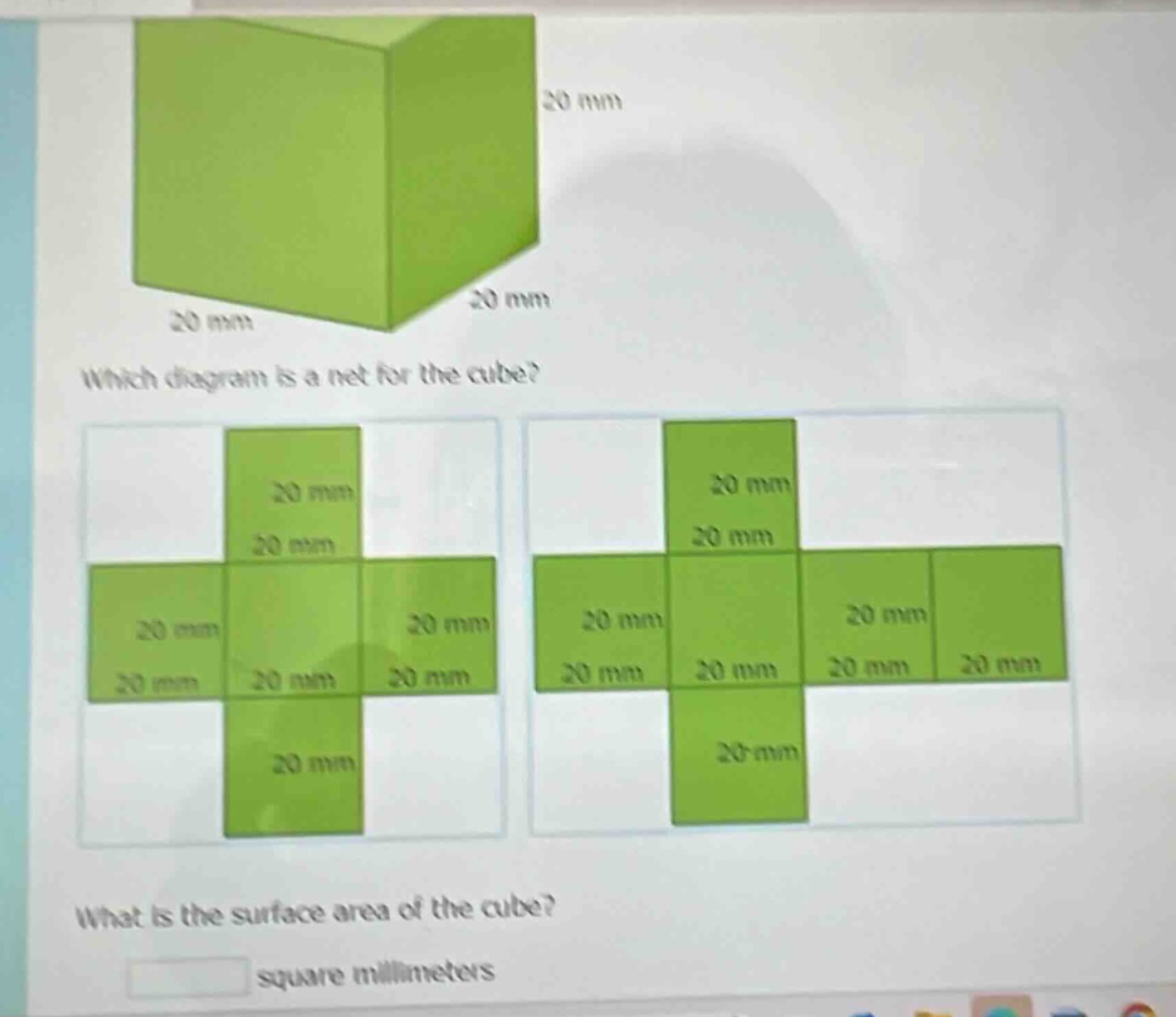 which diagram is a net for the cube? what is the surface area of the cube? square millimeters