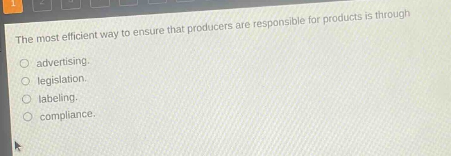 the most efficient way to ensure that producers are responsible for products is through advertising. legislation. labeling. compliance.