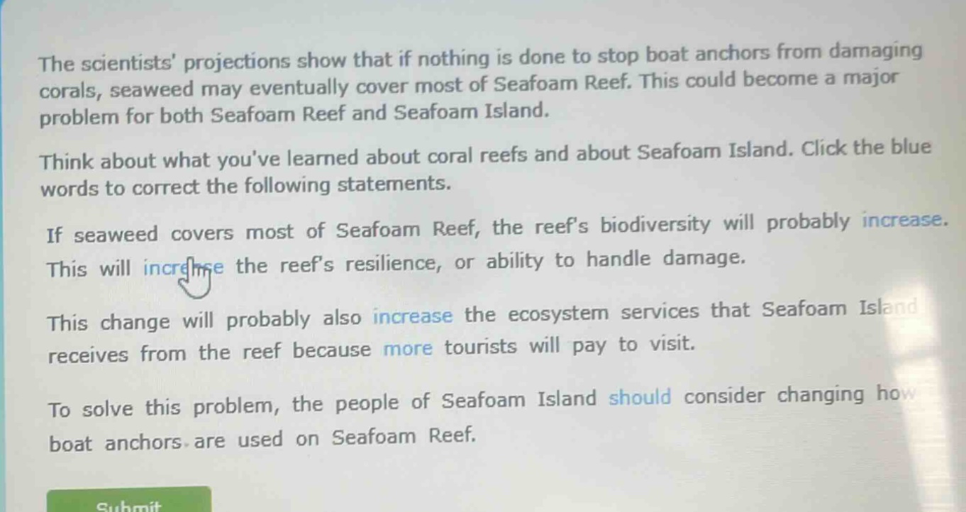the scientists projections show that if nothing is done to stop boat anchors from damaging corals, seaweed may eventually cover most of seafoam reef. this could become a major problem for both seafoam reef and seafoam island. think about what youve learned about coral reefs and about seafoam island. click the blue words to correct the following statements. if seaweed covers most of seafoam reef, the reefs biodiversity will probably increase. this will increase the reefs resilience, or ability to handle damage. this change will probably also increase the ecosystem services that seafoam island receives from the reef because more tourists will pay to visit. to solve this problem, the people of seafoam island should consider changing how boat anchors are used on seafoam reef.