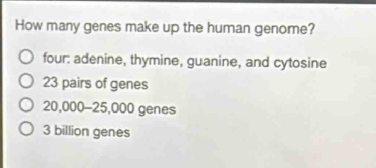 how many genes make up the human genome? four: adenine, thymine, guanine, and cytosine 23 pairs of genes 20,000 - 25,000 genes 3 billion genes