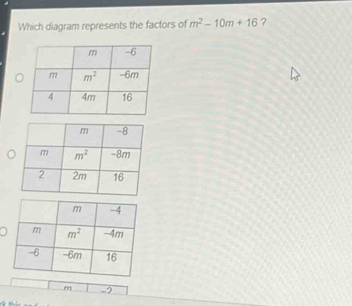 which diagram represents the factors of m² - 10m + 16 ?