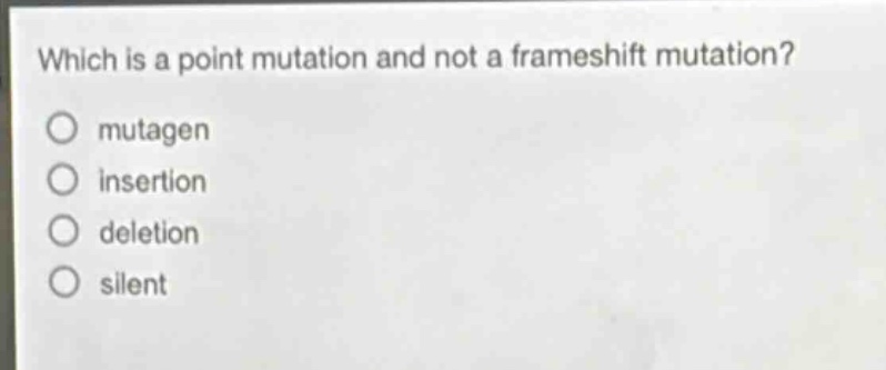 which is a point mutation and not a frameshift mutation? mutagen insertion deletion silent