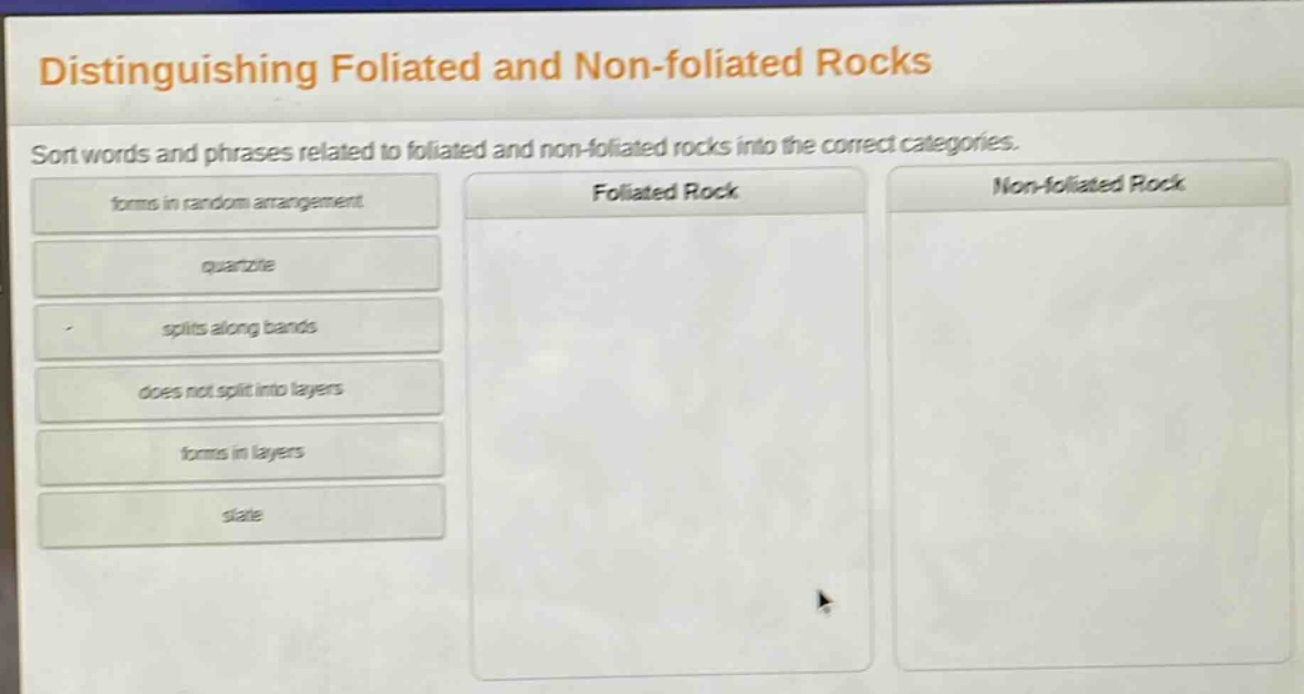 distinguishing foliated and non - foliated rocks\nsort words and phrases related to foliated and non - foliated rocks into the correct categories.\nforms in random arrangement\nquartzite\nsplits along bands\ndoes not split into layers\nforms in layers\nslate